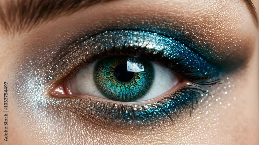 A close-up shot of a blue eye with shimmering glitter eyeshadow A close-up shot of a blue eye with shimmering glitter eyeshadow