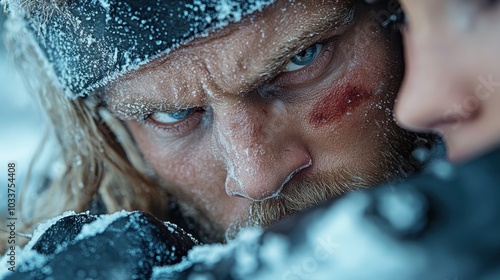 A frostbitten face of a person with a steely gaze, as snow swirls around them, captures a powerful, dramatic scene of resilience and determination in an icy setting.