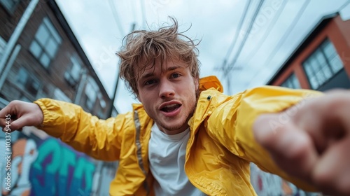 A lively person wearing a yellow jacket expresses joy and dynamism on an urban street, embodying youthful energy and the vibrant pulse of city life.