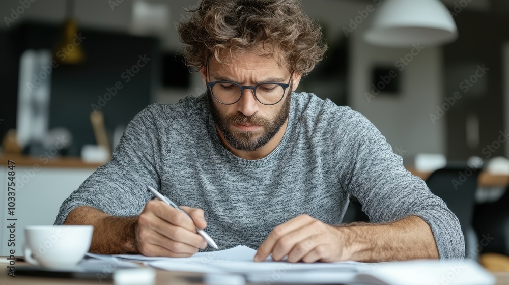 A young man with curly hair and glasses, dressed in a casual sweater, writes on a sheet of paper in a modern and creative workspace with a cup nearby. A young man with curly hair and glasses, dressed in a casual sweater, writes on a sheet of paper in a modern and creative workspace with a cup nearby.