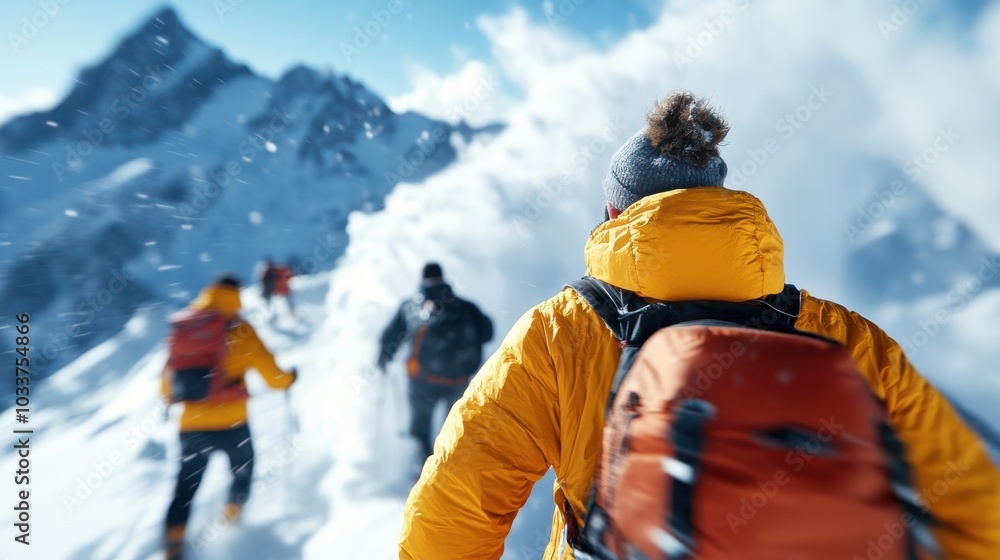 A group of hikers traverse a snowy mountain path, dressed in bright gear, showcasing the spirit of adventure and camaraderie amid wintry peaks and snowy landscapes. A group of hikers traverse a snowy mountain path, dressed in bright gear, showcasing the spirit of adventure and camaraderie amid wintry peaks and snowy landscapes.