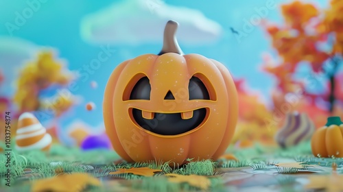 A smiling jack-o-lantern in a cartoon landscape. photo