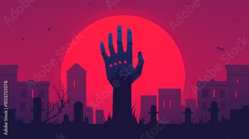 Zombie hand emerging from the ground in a graveyard, eerie lighting, flat design illustration photo