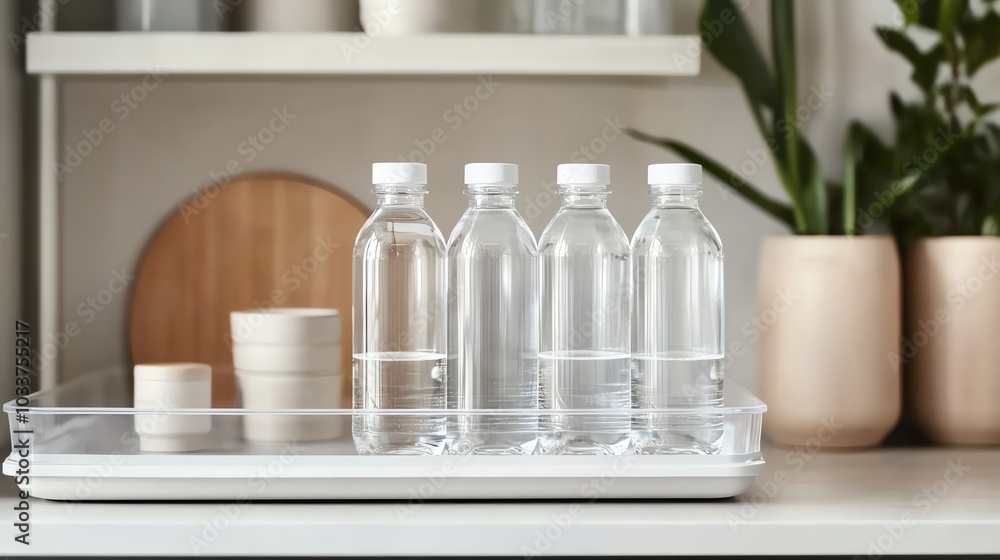 Four water bottles on a tray on a kitchen shelf. Four water bottles on a tray on a kitchen shelf.