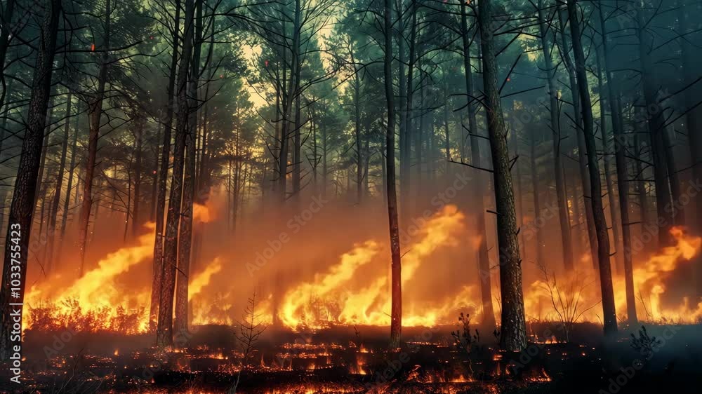 A forest fire rages through a dense stand of trees, creating a fiery wall of flames A forest fire rages through a dense stand of trees, creating a fiery wall of flames