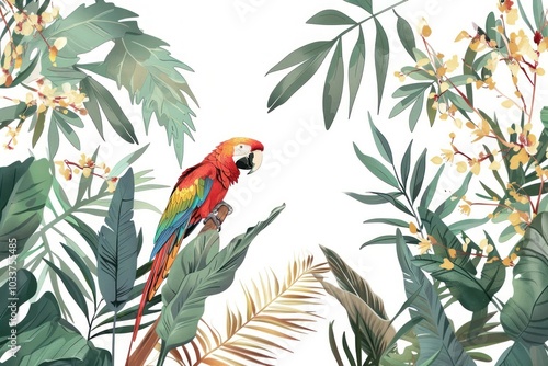 Fototapeta Naklejka Na Ścianę i Meble -  Colorful parrot amidst tropical foliage