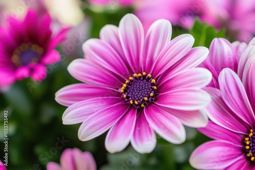 Beautiful blooming daisies in vibrant pink hues at a sunny garden setting