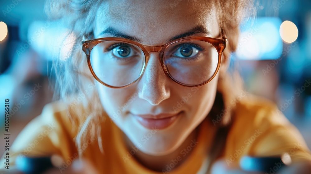 A confident, smiling woman with glasses closely facing the camera, exuding warmth and friendliness in this captivating portrait, with a focus on her expressive eyes. A confident, smiling woman with glasses closely facing the camera, exuding warmth and friendliness in this captivating portrait, with a focus on her expressive eyes.