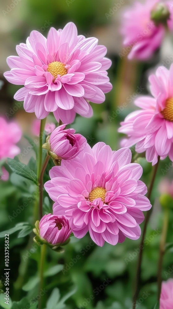 Delicate pink chrysanthemums bloom vibrantly in a lush garden under gentle sunlight Delicate pink chrysanthemums bloom vibrantly in a lush garden under gentle sunlight