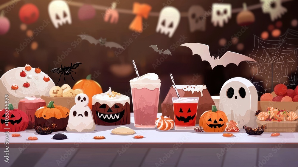 Halloween buffet table with themed snacks and drinks, spooky decorations, flat design illustration Halloween buffet table with themed snacks and drinks, spooky decorations, flat design illustration