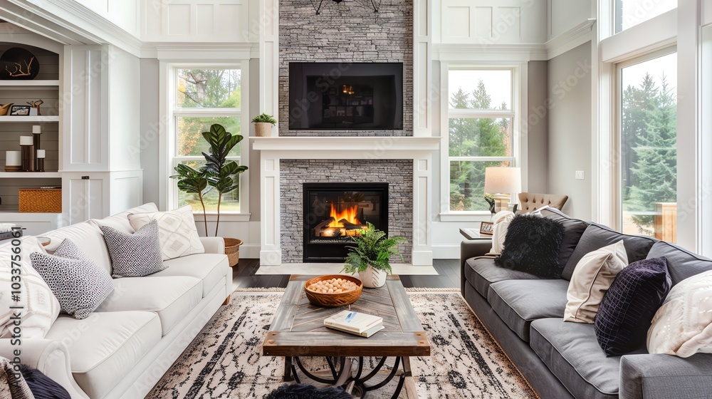 Fototapeta premium A living room with a fireplace and two sofas.