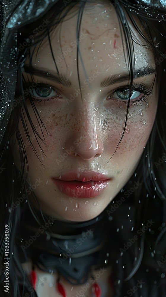 Intense Gaze: A Woman in the Rain, Digital Portrait Intense Gaze: A Woman in the Rain, Digital Portrait