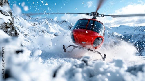 An exhilarating capture of a red helicopter speeding across a rocky, snowy mountain landscape, evoking a sense of speed, adventure, and breathtaking beauty.