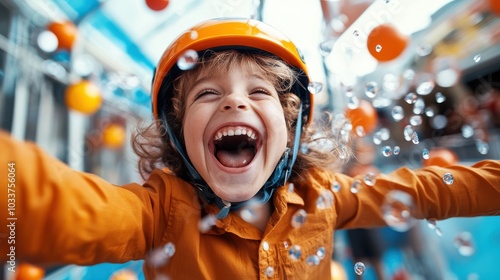 A smiling child in an orange helmet is surrounded by falling water droplets, expressing pure joy and excitement. The setting is bright and vivid, suggesting motion. photo