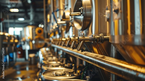 Close up shot of stainless steel brewing equipment.