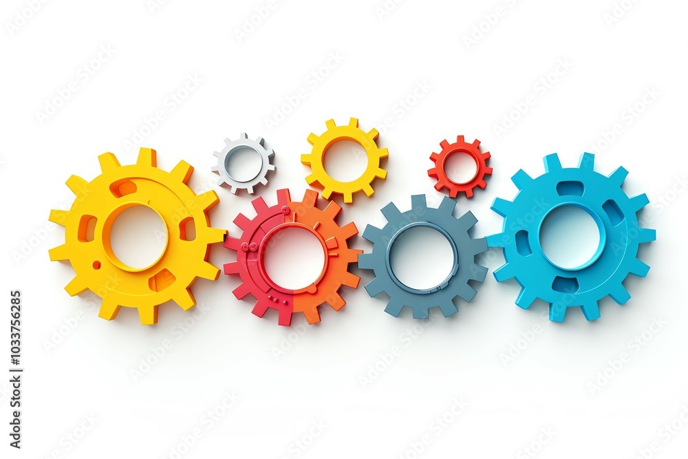 Minimalist icon of interconnected gears, each gear a different color, working together smoothly to represent collaborative effort Minimalist icon of interconnected gears, each gear a different color, working together smoothly to represent collaborative effort