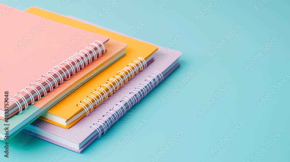 A set of spiral notebooks in different colors, neatly stacked on a table, soft shadow, 3D detail A set of spiral notebooks in different colors, neatly stacked on a table, soft shadow, 3D detail
