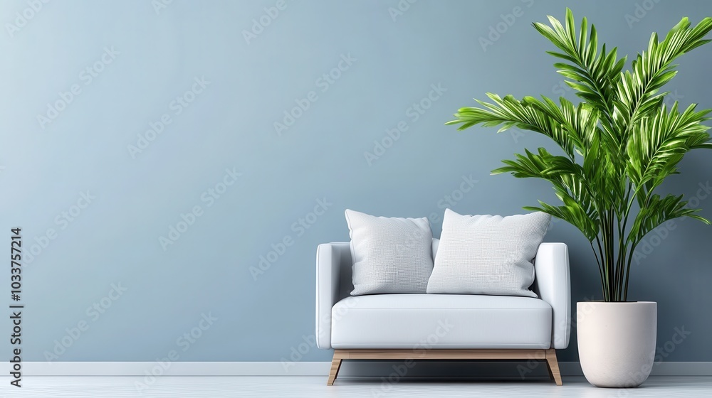 This image shows a minimalist design with a blue wall, a white couch adorned with two pillows, and a large green plant in a pot, emphasizing tranquility and style. This image shows a minimalist design with a blue wall, a white couch adorned with two pillows, and a large green plant in a pot, emphasizing tranquility and style.