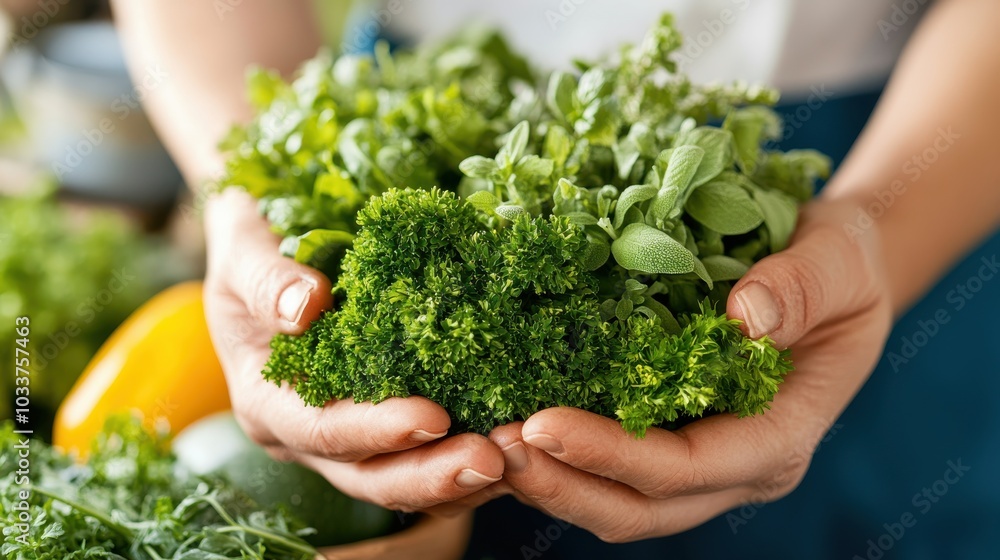 A pair of hands presenting an abundant assortment of mixed green herbs, highlighting garden, nature, and the abundance and nourishment of organic produce. A pair of hands presenting an abundant assortment of mixed green herbs, highlighting garden, nature, and the abundance and nourishment of organic produce.