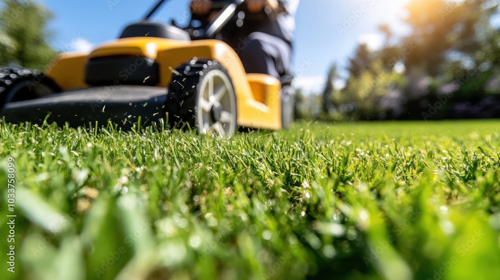 A powerful lawn mower in action, trimming vibrant green grass under a sunny sky, highlighting the efficiency and satisfaction of maintaining a neat residential lawn. A powerful lawn mower in action, trimming vibrant green grass under a sunny sky, highlighting the efficiency and satisfaction of maintaining a neat residential lawn.