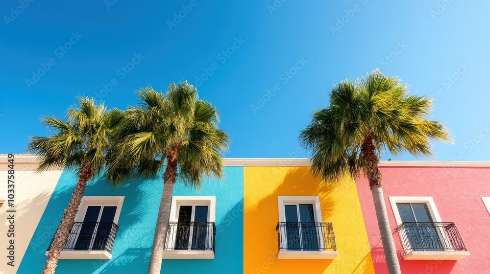 Colorful building facades with palm trees against a clear blue sky create a lively and tropical urban scene, evoking feelings of summer and relaxation. Colorful building facades with palm trees against a clear blue sky create a lively and tropical urban scene, evoking feelings of summer and relaxation.