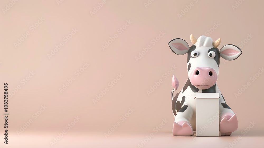 A cartoon cow is sitting in front of a carton of milk on a pink background. A cartoon cow is sitting in front of a carton of milk on a pink background.