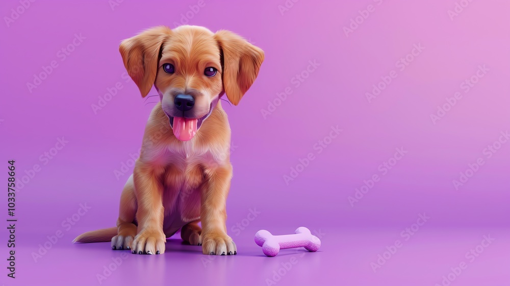 A cute brown puppy sits in front of a pink dog bone on a purple background. A cute brown puppy sits in front of a pink dog bone on a purple background.