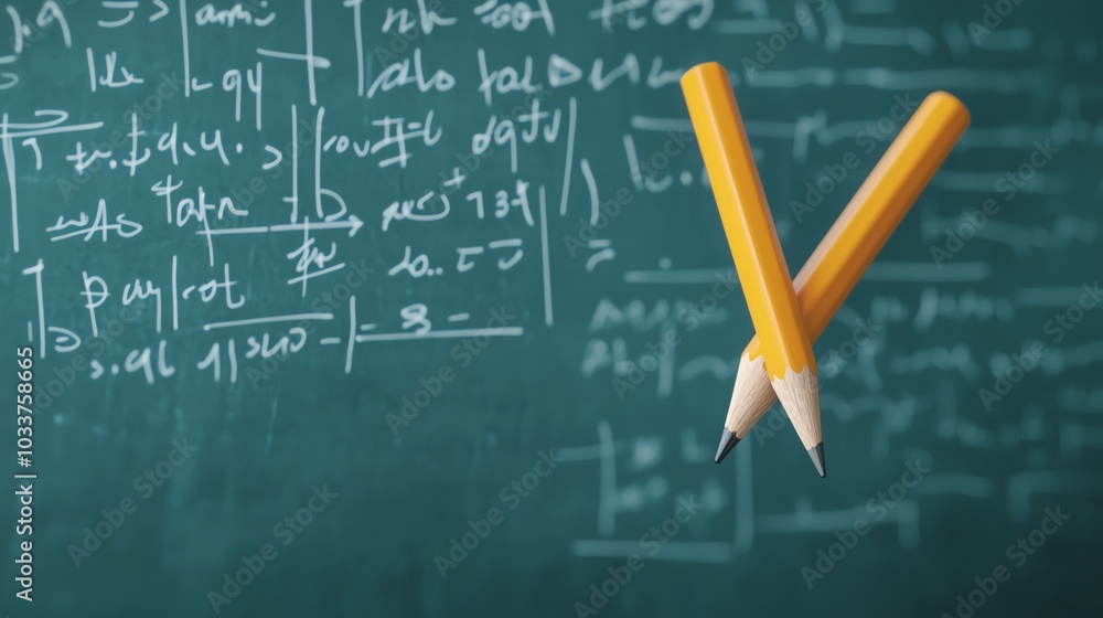 Pencil in midair sketching a math equation on paper, creative learning, 3D illustration Pencil in midair sketching a math equation on paper, creative learning, 3D illustration