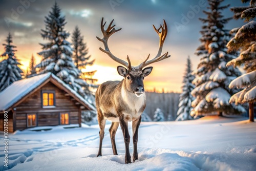 Wallpaper Mural Majestic Reindeer by Wooden Cottage in Snowy Landscape - Stunning Drone Photography of Winter Wonderland, Nature's Beauty, Tranquility and Festive Atmosphere Torontodigital.ca
