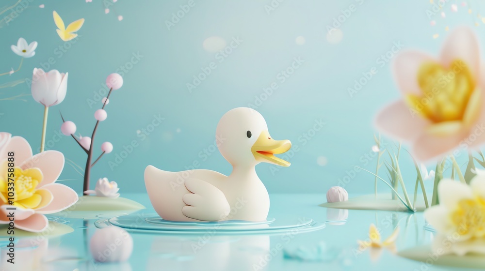 A cute cartoon rubber ducky swimming in a pond. A cute cartoon rubber ducky swimming in a pond.