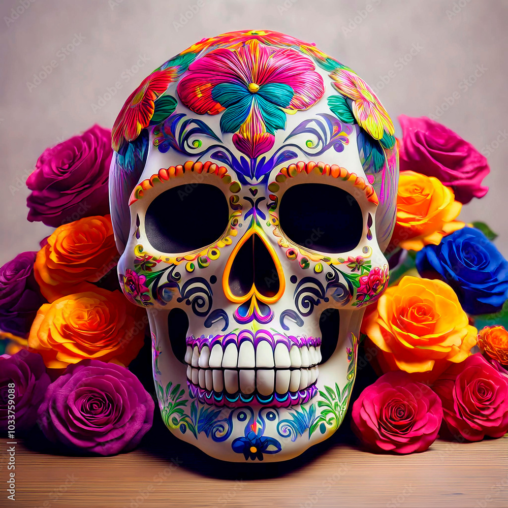 Sugar skull surrounded by colorful roses Sugar skull surrounded by colorful roses
