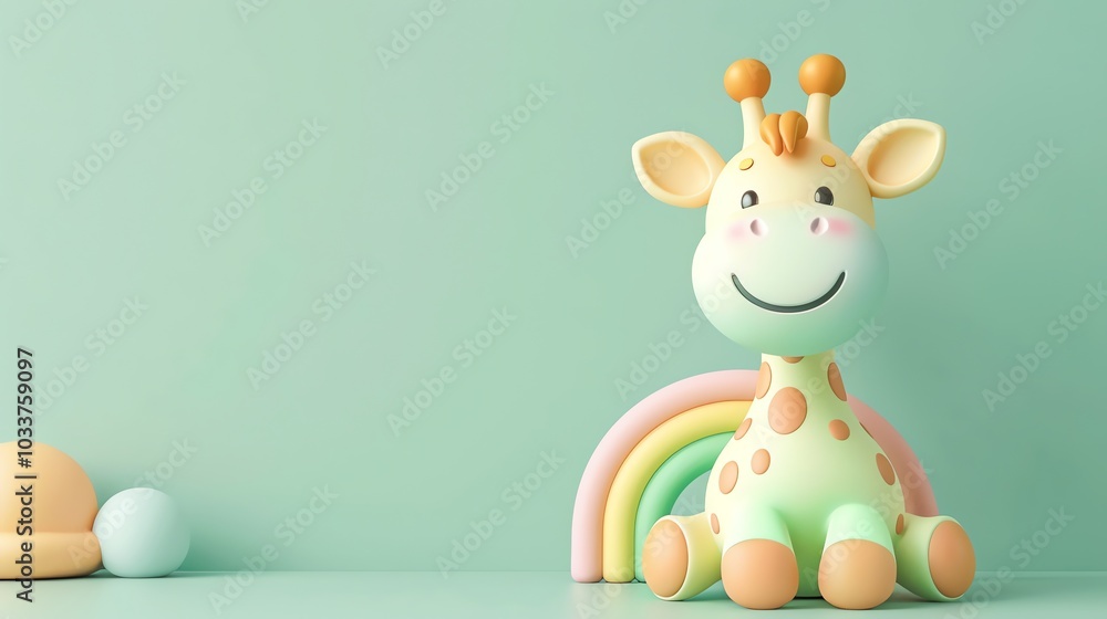 A cartoon giraffe sitting on clouds in front of a rainbow on a green background. A cartoon giraffe sitting on clouds in front of a rainbow on a green background.