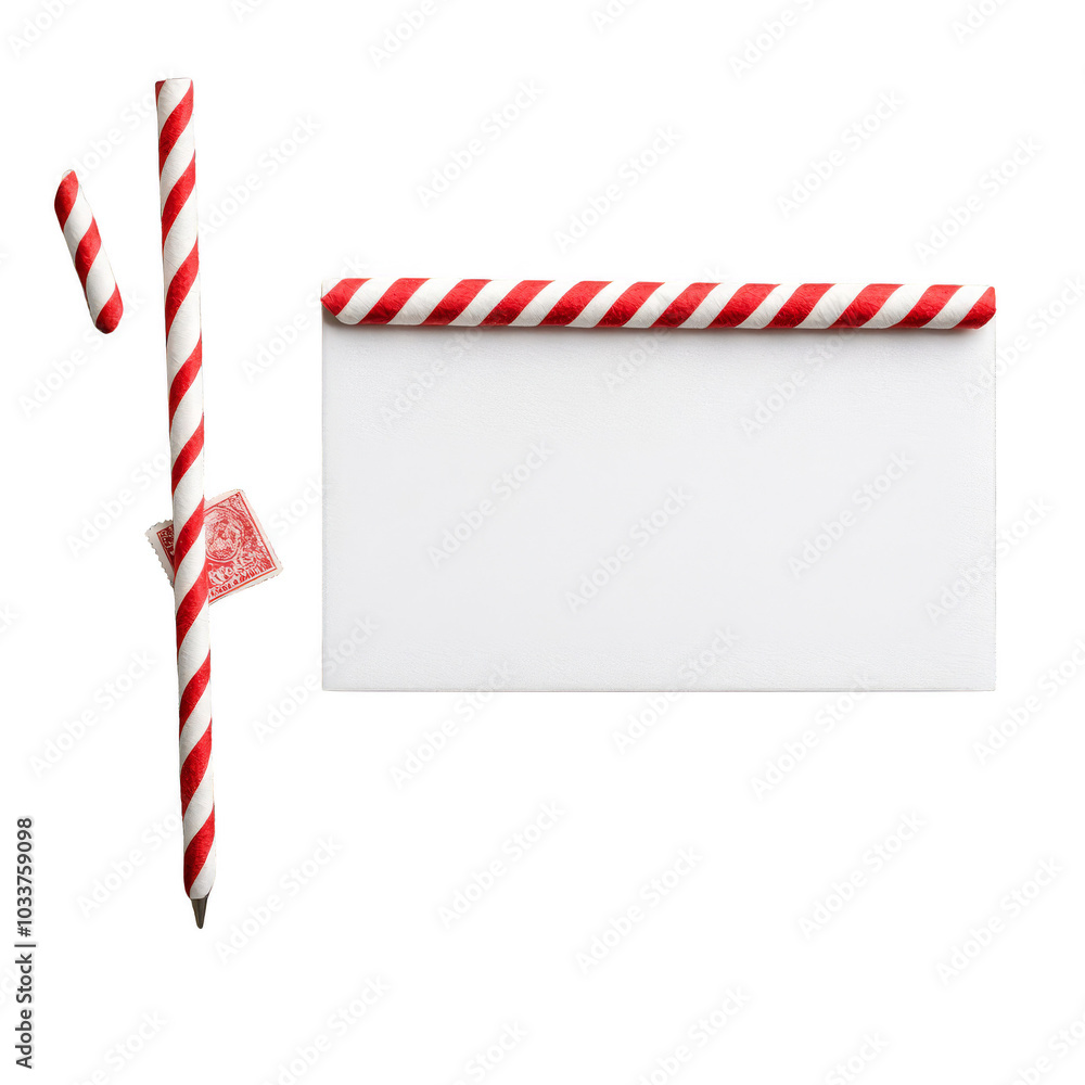 Fototapeta premium Candy cane-themed straw and blank card, isolated on white background.