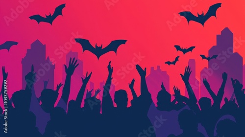 Halloween karaoke night, people singing in costumes, spooky-themed stage, flat design illustration ,closes up