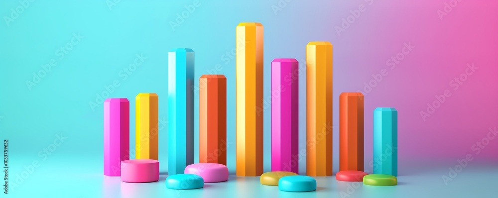 Vibrant 3D bar graph illustration in pastel colors, depicting statistical data and analytics on a gradient background. Perfect for business presentations. Vibrant 3D bar graph illustration in pastel colors, depicting statistical data and analytics on a gradient background. Perfect for business presentations.