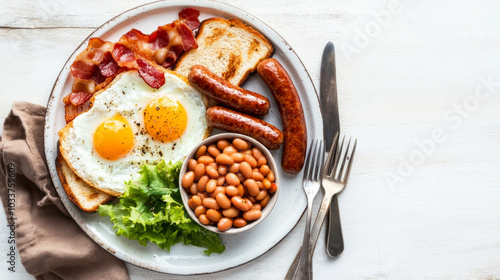 Wallpaper Mural Fried eggs with bacon and vegetables, Breakfast on a white plate Torontodigital.ca