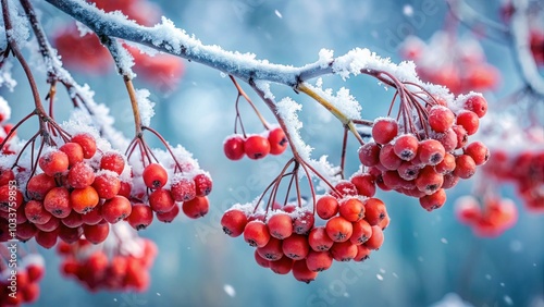 A delicate snowfall blankets the branches of a wintery shrub, each frosty berry adding a splash of vibrant red against the soft blue backdrop.