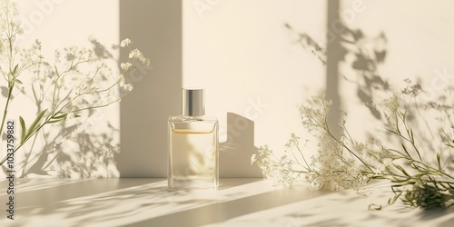 Wallpaper Mural Perfume bottle surrounded by delicate flowers casting soft shadows in natural light. Torontodigital.ca