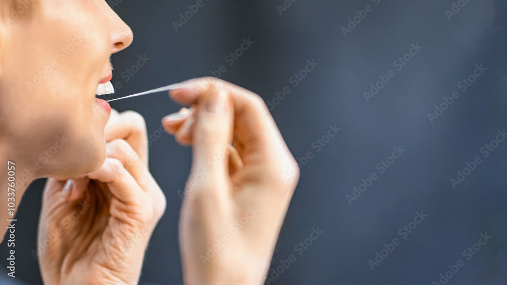 Obraz premium Toothcare. Unrecognizable Woman Flossing And Cleaning Teeth Preventing Cavity Doing Morning Routine In Bathroom. Empty Space