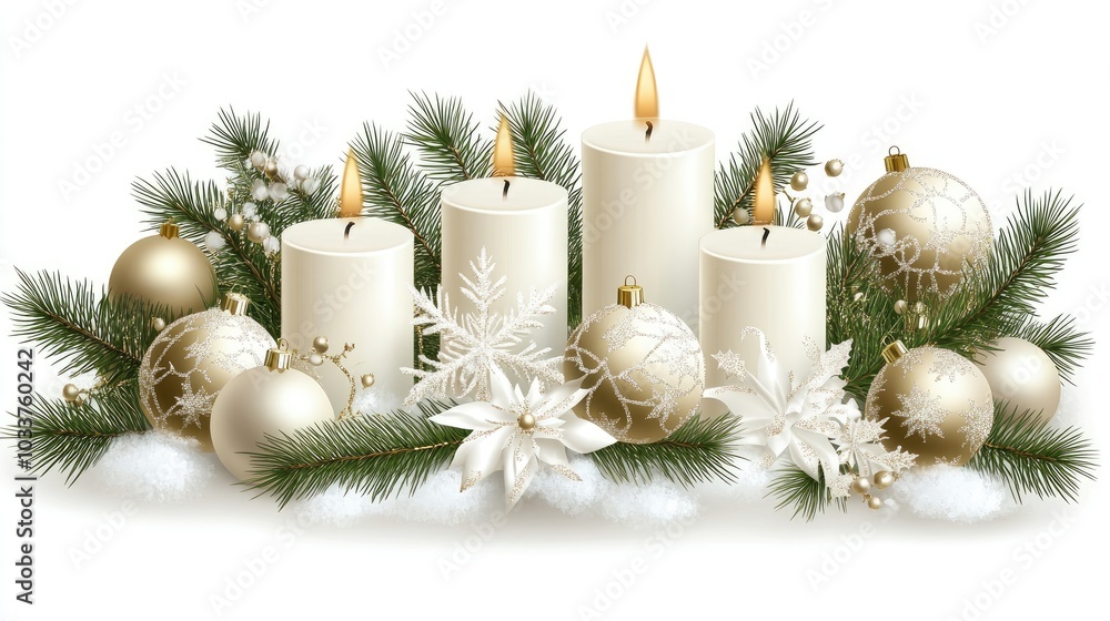 A beautiful display of white candles alongside golden ornaments and snow-covered trees creates a warm festive atmosphere perfect for holiday celebrations and decorations A beautiful display of white candles alongside golden ornaments and snow-covered trees creates a warm festive atmosphere perfect for holiday celebrations and decorations