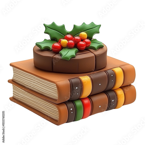 Colorful stack of books decorated with festive holly and berries, perfect for holiday-themed designs. photo