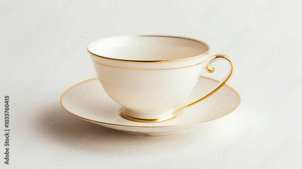 A white teacup and saucer with gold trim. A white teacup and saucer with gold trim.