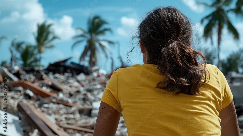 A woman in a yellow shirt surveys rubble with a pensive expression, surrounded by palm trees under a clear blue sky, illustrating resilience and hope amid disaster. A woman in a yellow shirt surveys rubble with a pensive expression, surrounded by palm trees under a clear blue sky, illustrating resilience and hope amid disaster.