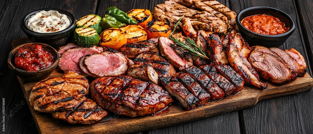 A delicious assortment of grilled meats and vegetables served on a wooden platter, perfect for gatherings and barbecues. A delicious assortment of grilled meats and vegetables served on a wooden platter, perfect for gatherings and barbecues.