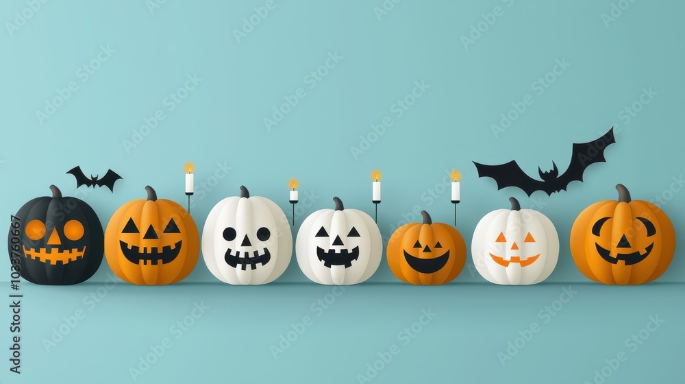 Halloween pumpkins with carved faces, candles glowing inside, flat design illustration Halloween pumpkins with carved faces, candles glowing inside, flat design illustration
