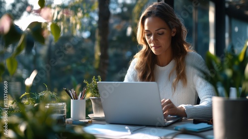 A woman concentrates on her laptop while sitting at a garden table, surrounded by plants, indicating a balance of technology and nature in work.