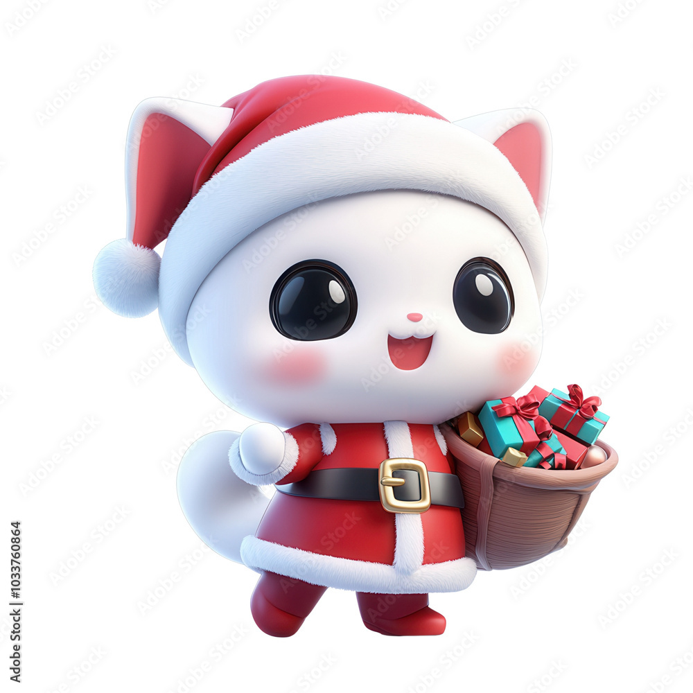 Cute cartoon cat in Santa costume, carrying a basket of gifts. Perfect for festive holiday designs and children's illustrations. Cute cartoon cat in Santa costume, carrying a basket of gifts. Perfect for festive holiday designs and children's illustrations.