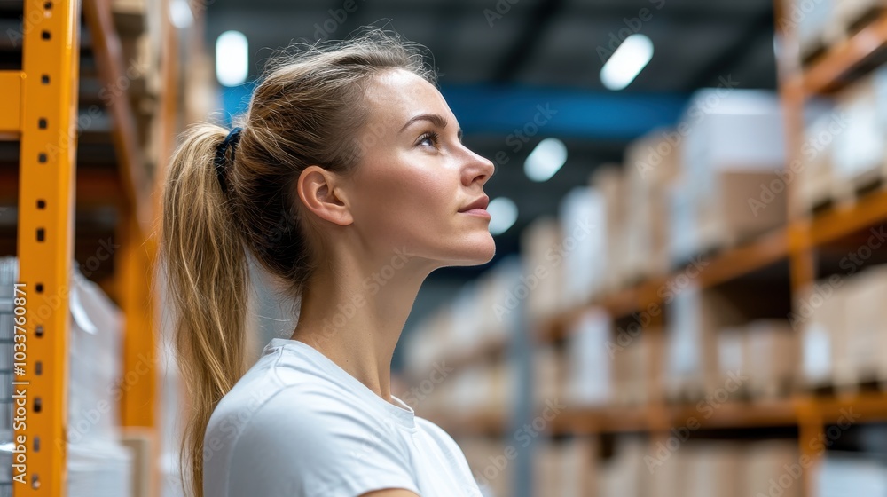 In this image, a woman with a ponytail gazes forward inside a vast warehouse, suggesting themes of foresight, ambition, and the promise of future endeavors. In this image, a woman with a ponytail gazes forward inside a vast warehouse, suggesting themes of foresight, ambition, and the promise of future endeavors.