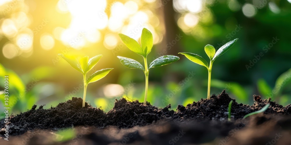 Three sprouting plants emerging from rich soil in natural sunlight. Three sprouting plants emerging from rich soil in natural sunlight.