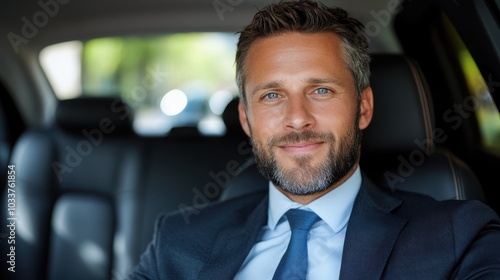 This is a portrait of a smiling man in a suit sitting in the back of a car. The soft background highlights a tranquil and professional ambiance.